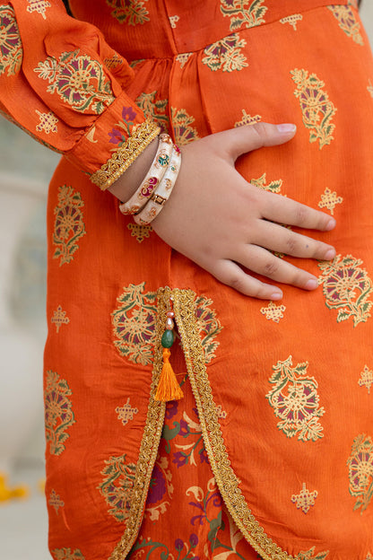 3 Piece Embroidered Indian Raw Silk Kurta with Gharara for Girls Orange Festive Wear K-FORT-007