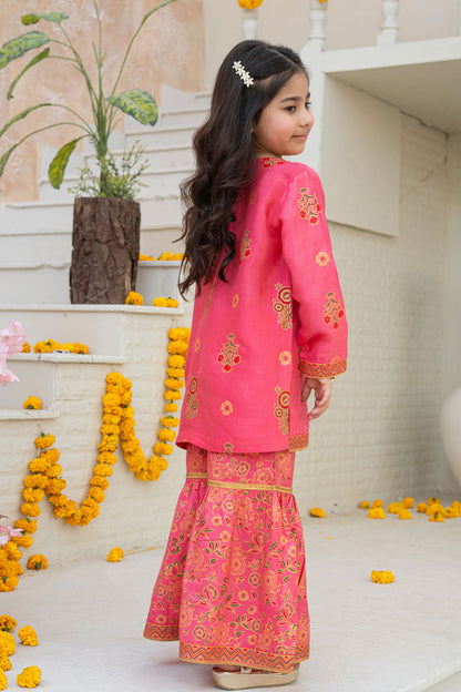 3 Piece Embroidered Indian Raw Silk Kurta with Gharara for Girls Pastel Pink Festive Wear K-FORT-008