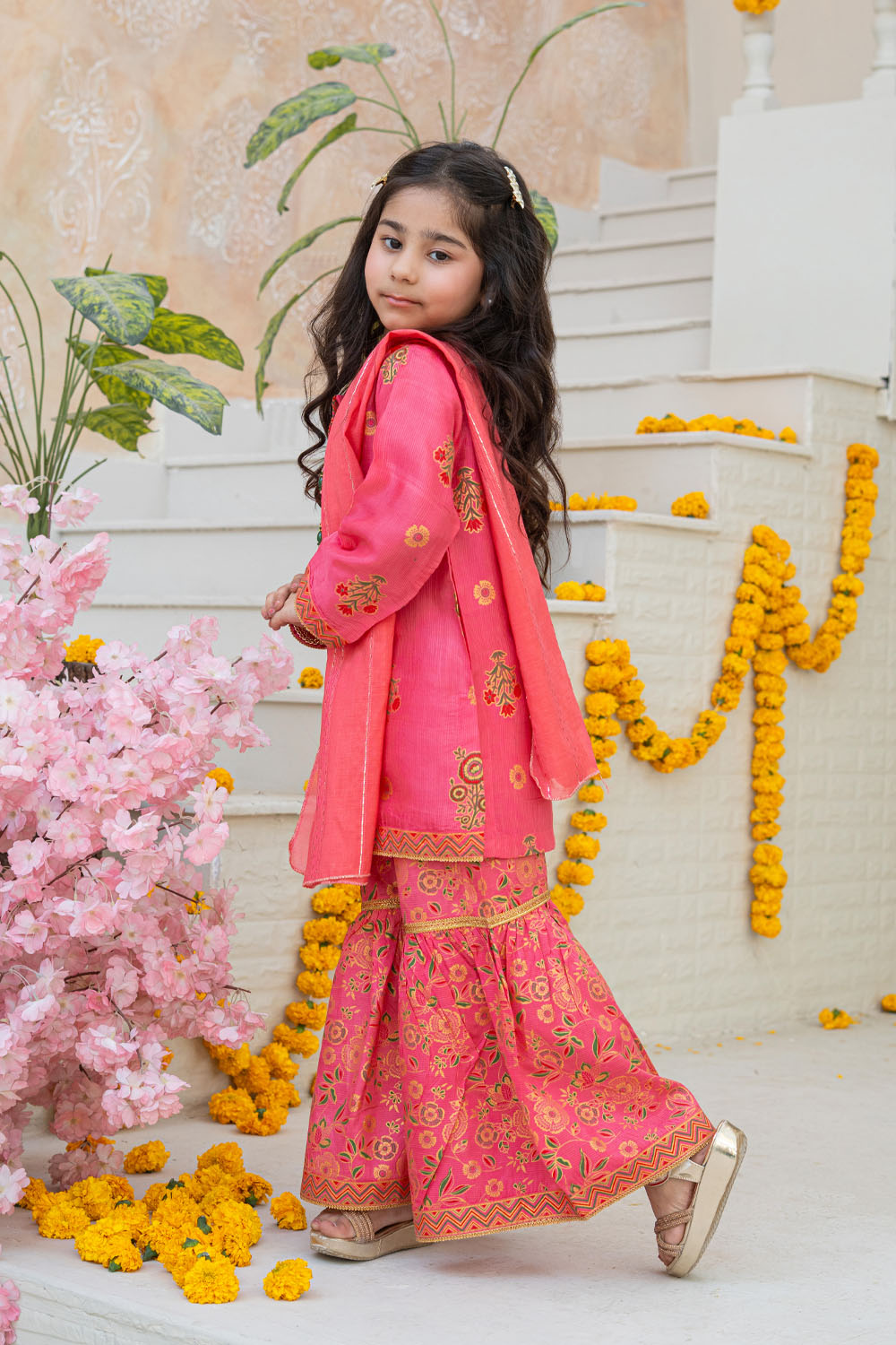 3 Piece Embroidered Indian Raw Silk Kurta with Gharara for Girls Pastel Pink Festive Wear K-FORT-008