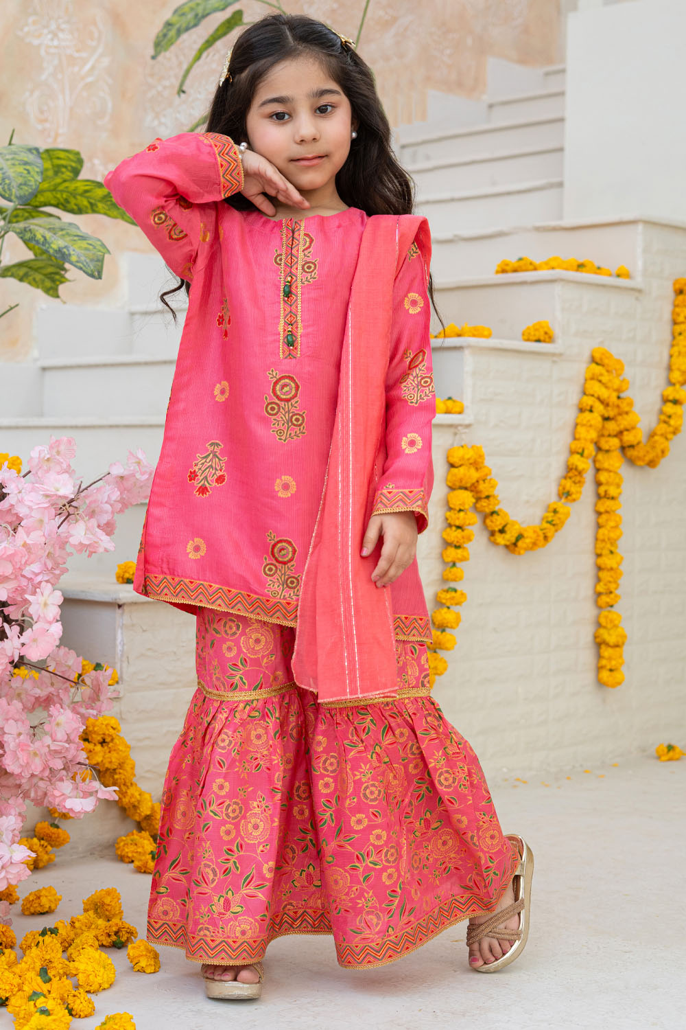 3 Piece Embroidered Indian Raw Silk Kurta with Gharara for Girls Pastel Pink Festive Wear K-FORT-008