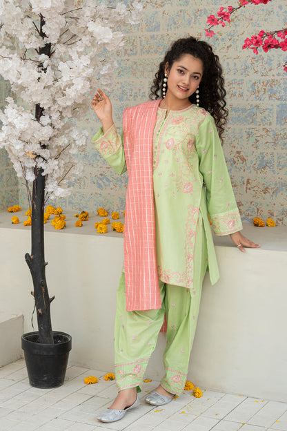 3 Piece Embroidered Cotton Eastern Formal Suit for Girls Light Green T-SFC-S26-003