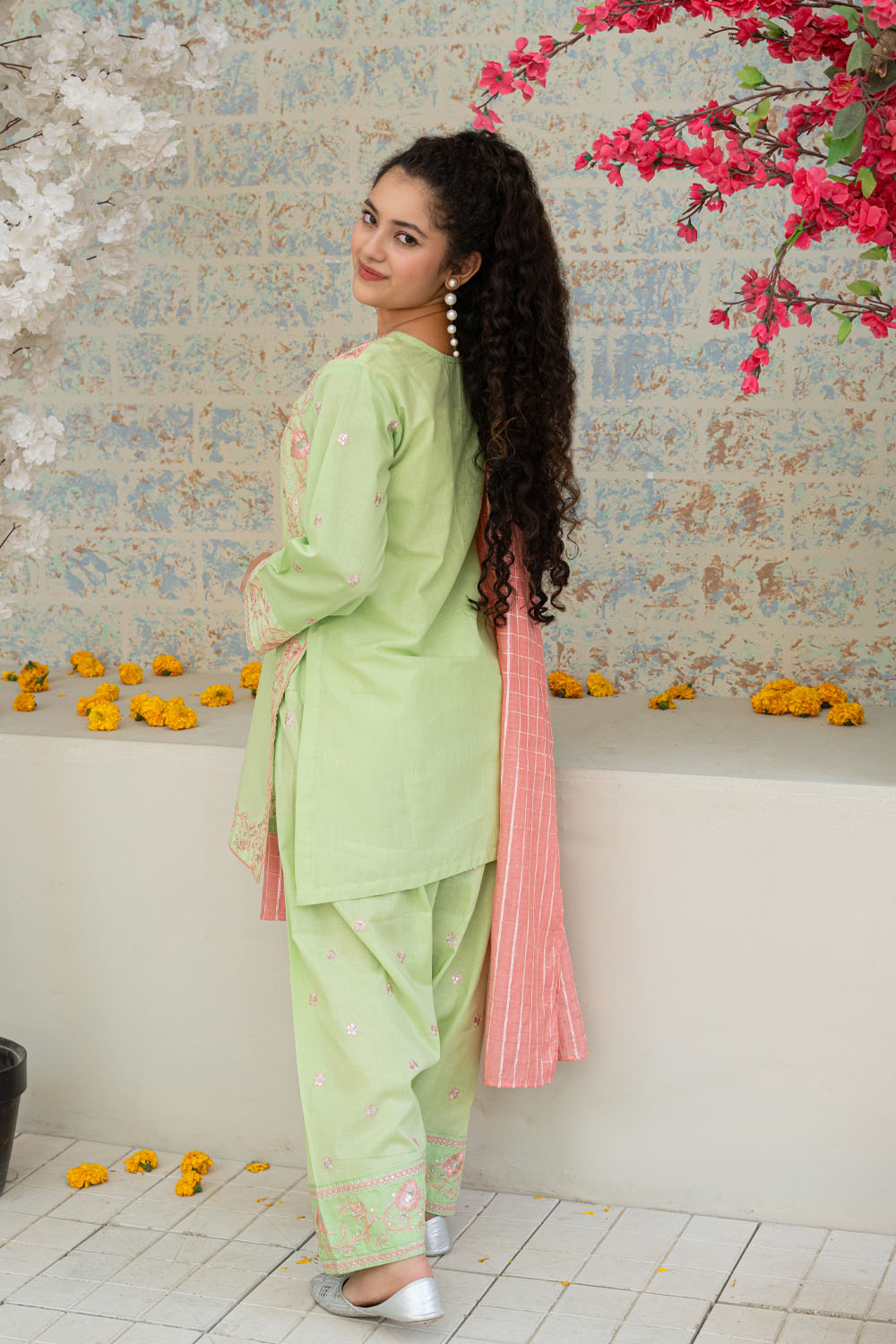 3 Piece Embroidered Cotton Eastern Formal Suit for Girls Light Green T-SFC-S26-003