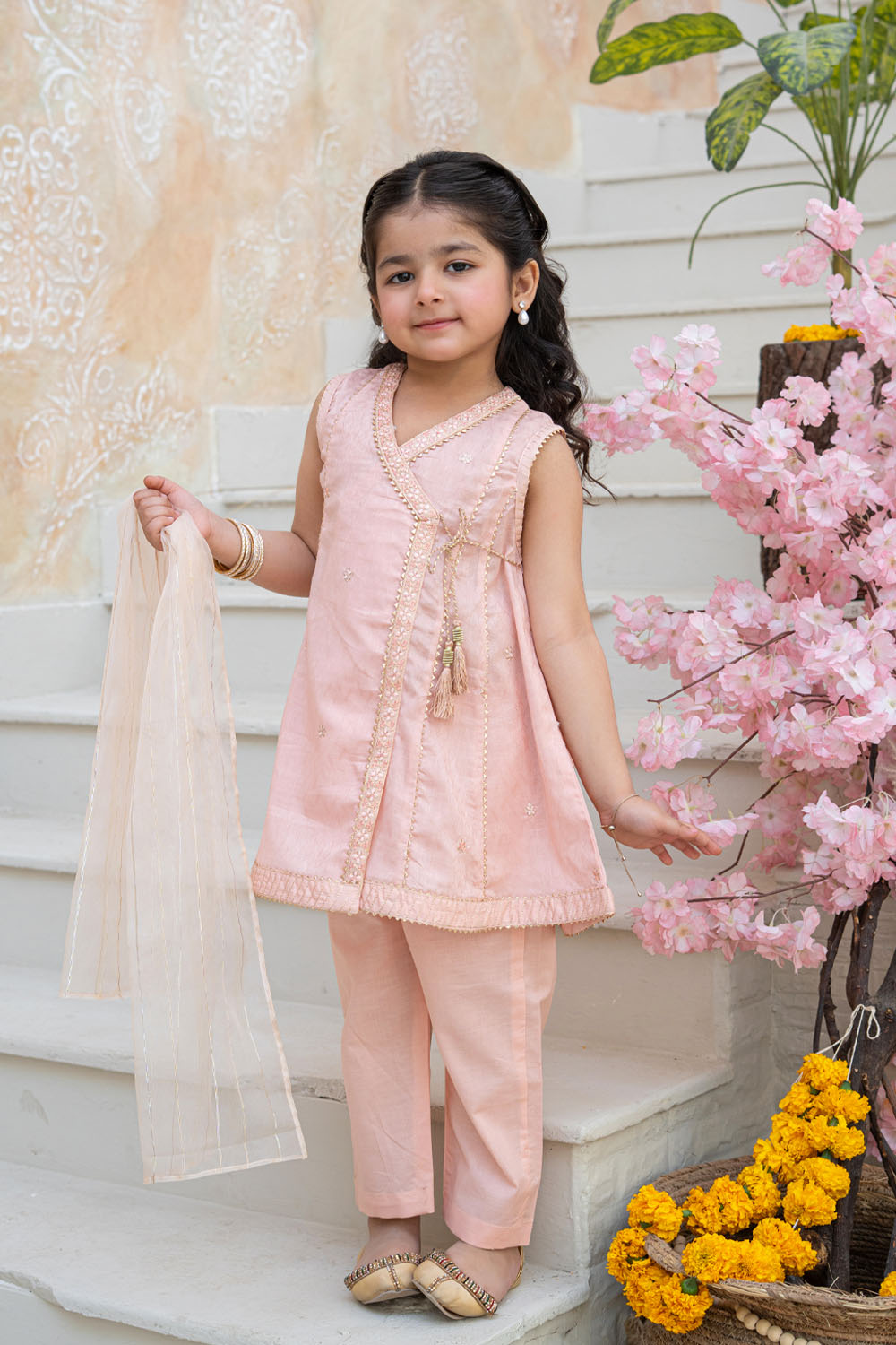 3 Piece Embroidered Cotton Angrakha with Trouser for Girls Festive Wear K-MG-012