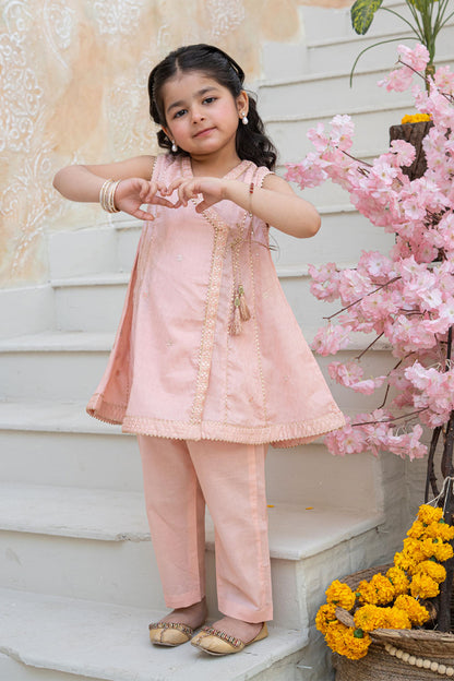 3 Piece Embroidered Cotton Angrakha with Trouser for Girls Festive Wear K-MG-012