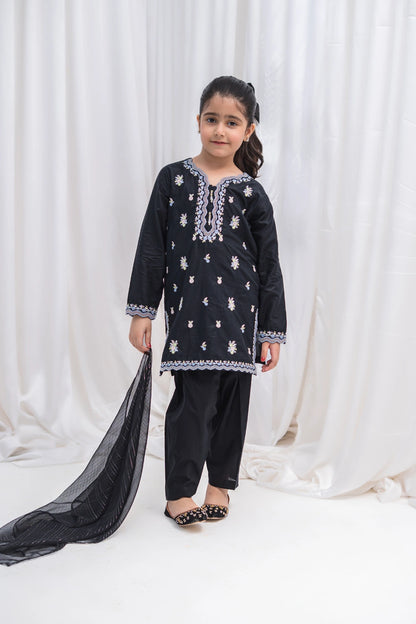 Girls Black Embroidered Lawn Kurta Set 3 Piece K-SFC-S26-012