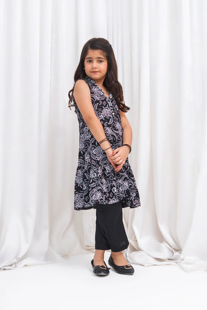 Girls Black Paisley Lawn A-Line Frock & Pants 2 Piece K-MC-TP-011