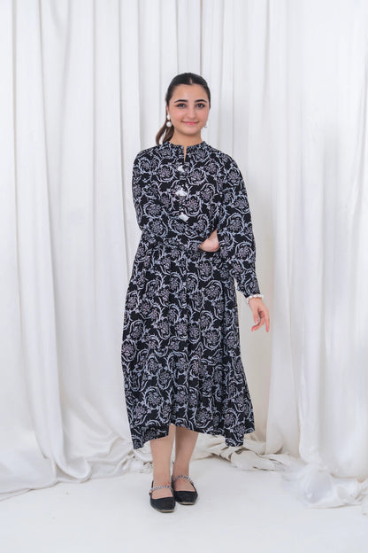 Women's Black Floral Lawn Maxi 1 Piece T-MC-TP-001