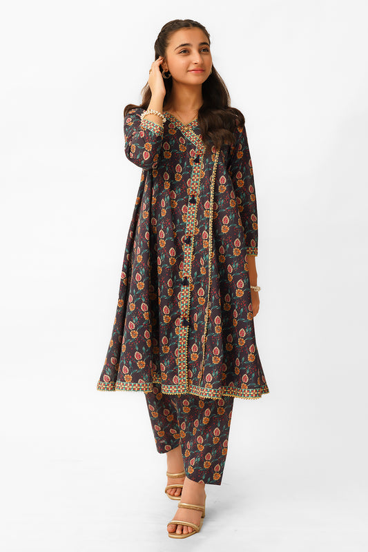 2 Piece Suit Printed Angrakha Style Frock with Shalwar T-ALPRTW-034