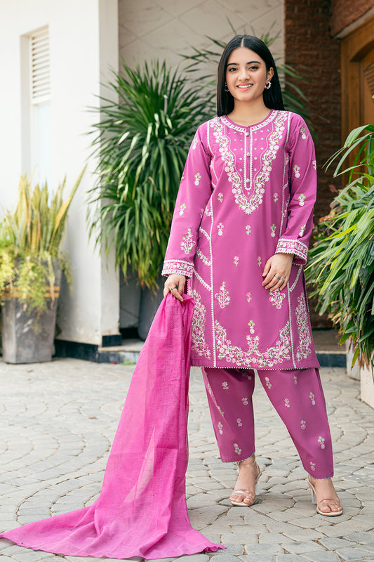 T-SFC-026 EMBROIDERED SHIRT AND SHALWAR TABEL PRINT 3 PCS SUIT
