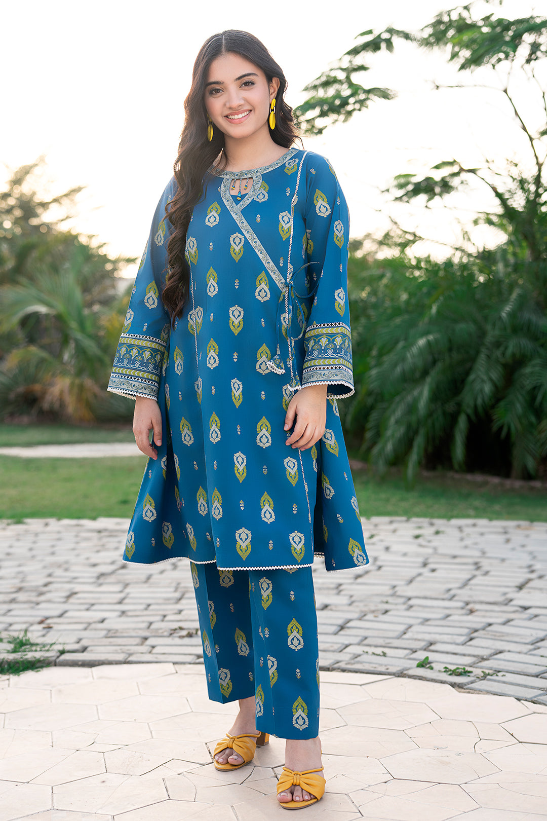 2 Piece Suit Angrakha Style Printed Frock with Trouser T-ALPRTW-059