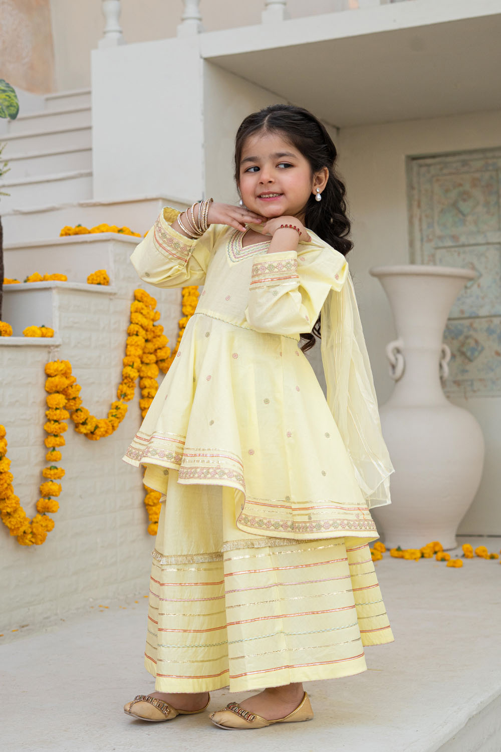 3 Piece Embroidered Cotton Tail Frock with Sharara for Girls Festive Wear K-MG-011