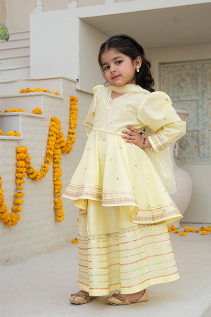 3 Piece Embroidered Cotton Tail Frock with Sharara for Girls Festive Wear K-MG-011