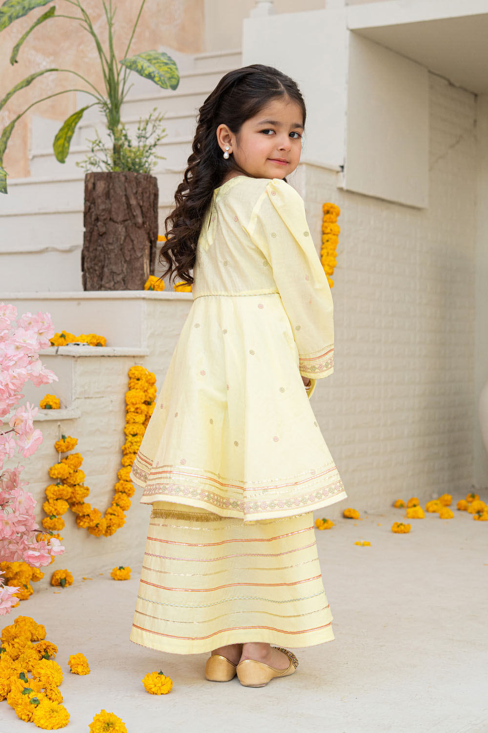 3 Piece Embroidered Cotton Tail Frock with Sharara for Girls Festive Wear K-MG-011