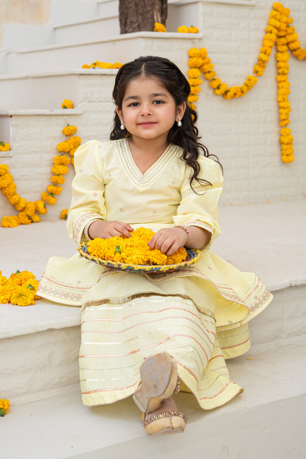 3 Piece Embroidered Cotton Tail Frock with Sharara for Girls Festive Wear K-MG-011