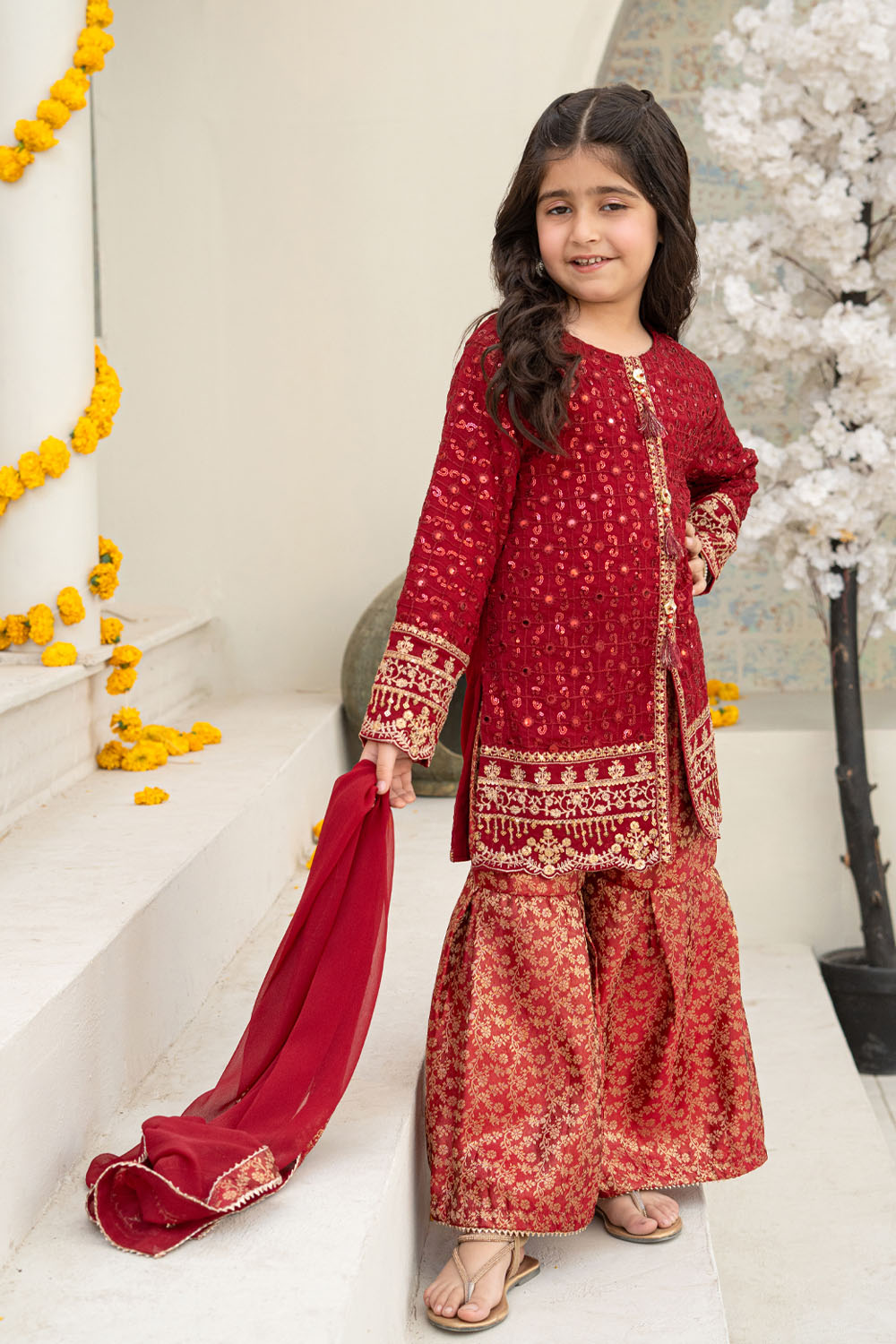 3 Piece Embroidered Front Open Shirt with Gharara for Girls Maroon Festive Wear K-FORT-003