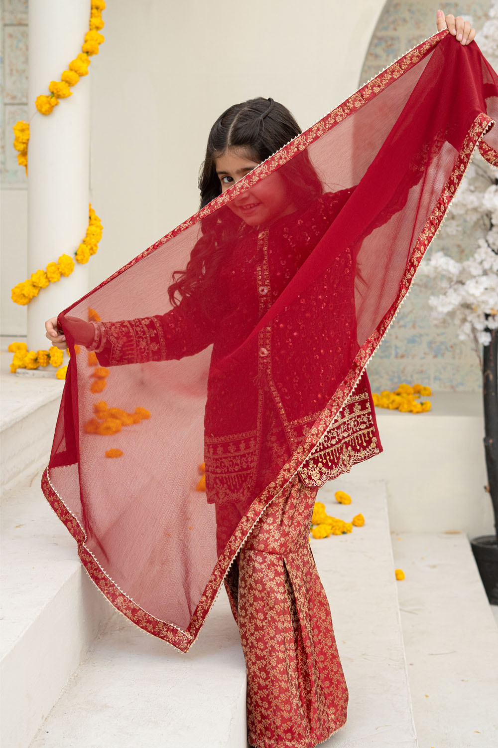 3 Piece Embroidered Front Open Shirt with Gharara for Girls Maroon Festive Wear K-FORT-003