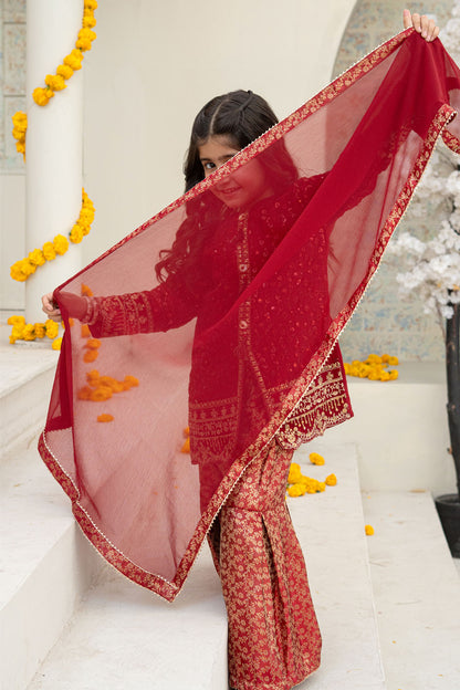 3 Piece Embroidered Front Open Shirt with Gharara for Girls Maroon Festive Wear K-FORT-003