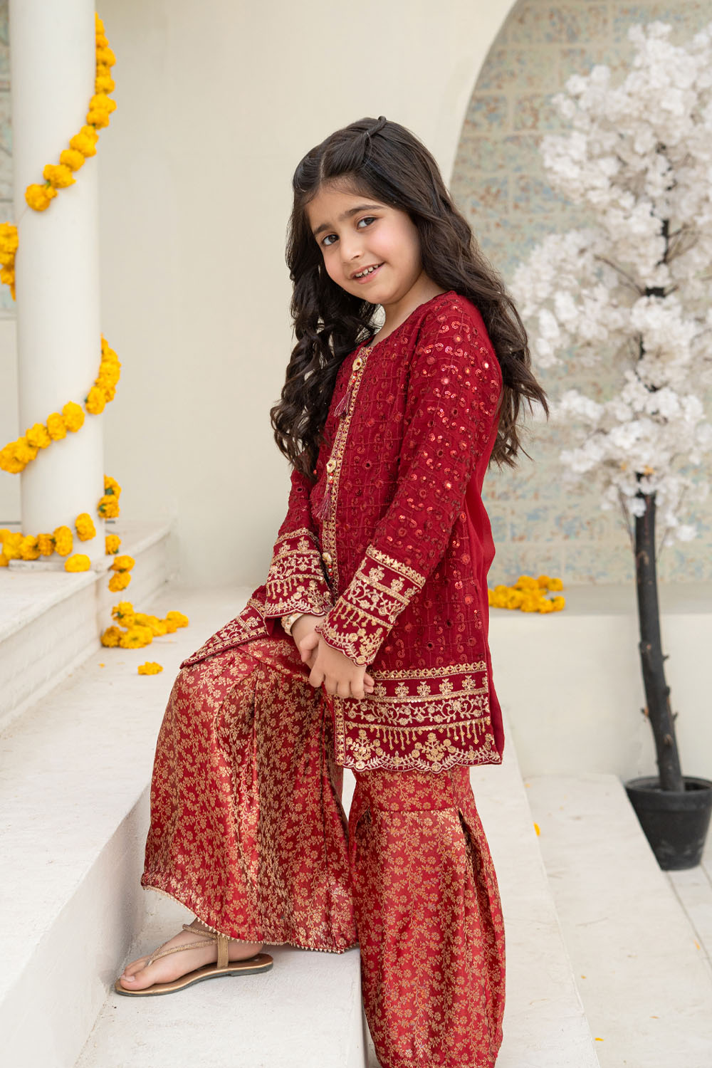 3 Piece Embroidered Front Open Shirt with Gharara for Girls Maroon Festive Wear K-FORT-003