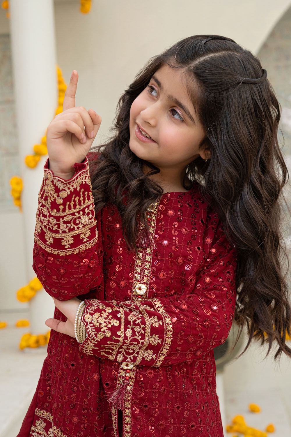 3 Piece Embroidered Front Open Shirt with Gharara for Girls Maroon Festive Wear K-FORT-003