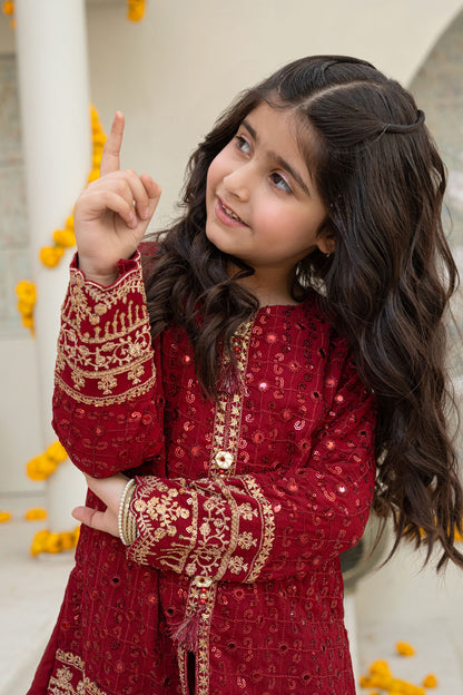 3 Piece Embroidered Front Open Shirt with Gharara for Girls Maroon Festive Wear K-FORT-003