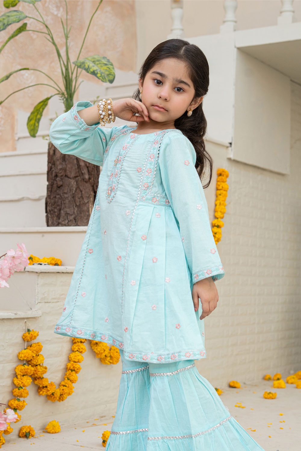 3 Piece Embroidered Cotton Tunic with Gharara for Girls Festive Wear K-MG-016