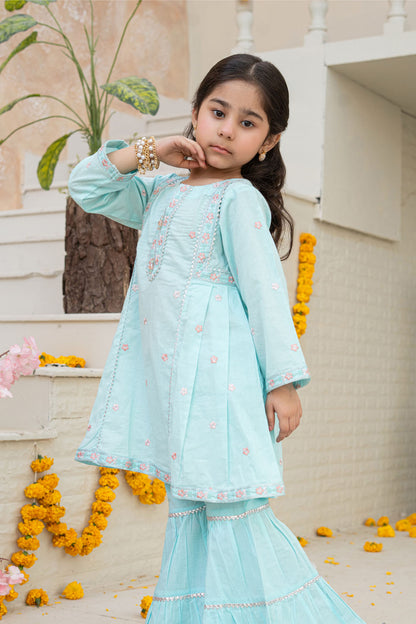 3 Piece Embroidered Cotton Tunic with Gharara for Girls Festive Wear K-MG-016