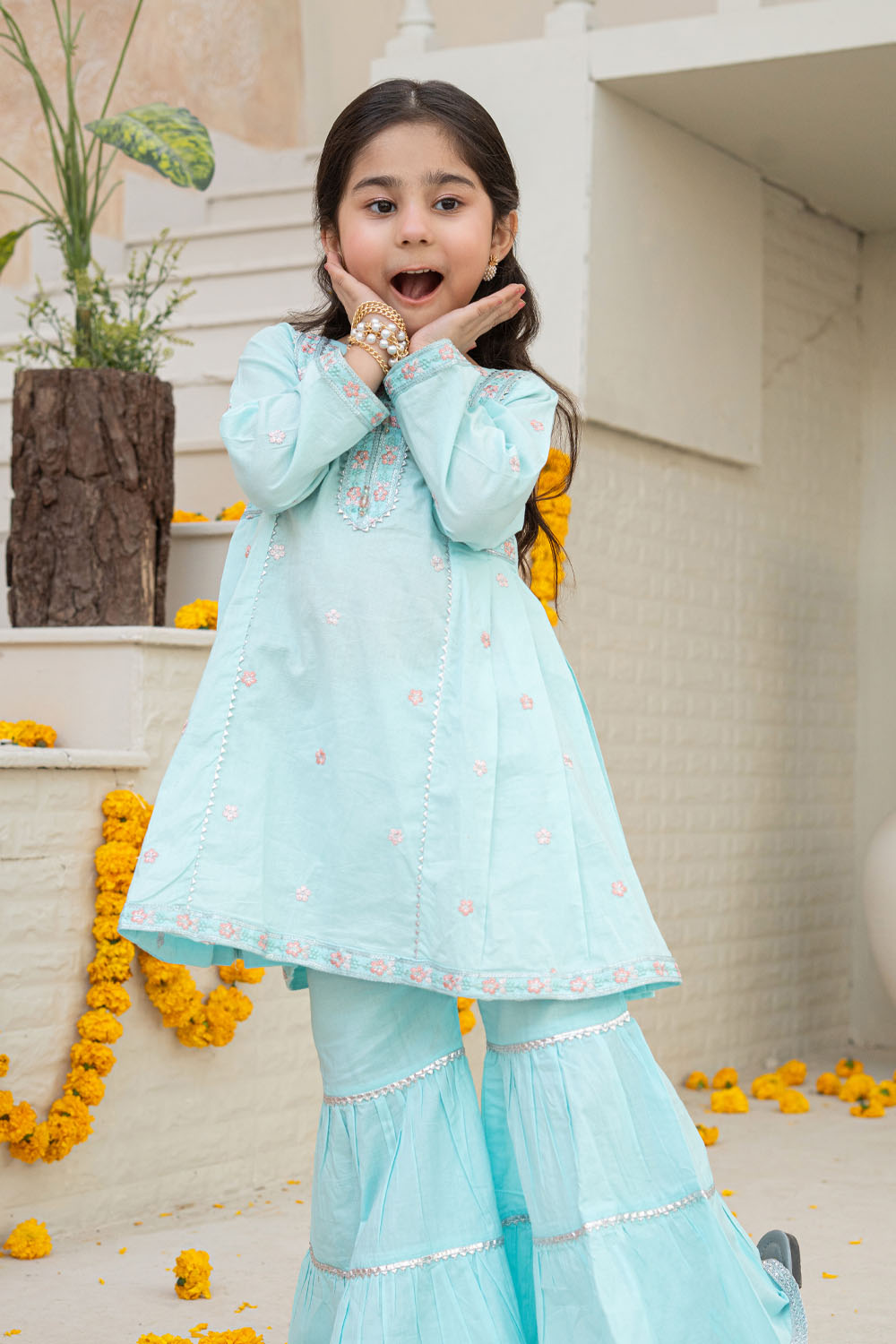 3 Piece Embroidered Cotton Tunic with Gharara for Girls Festive Wear K-MG-016