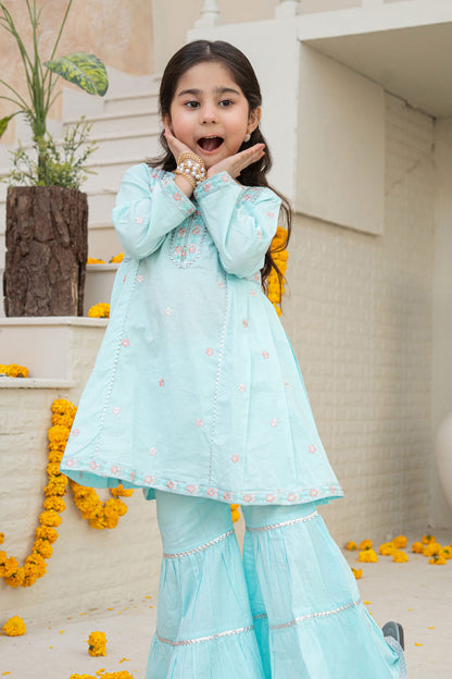 3 Piece Embroidered Cotton Tunic with Gharara for Girls Festive Wear K-MG-016
