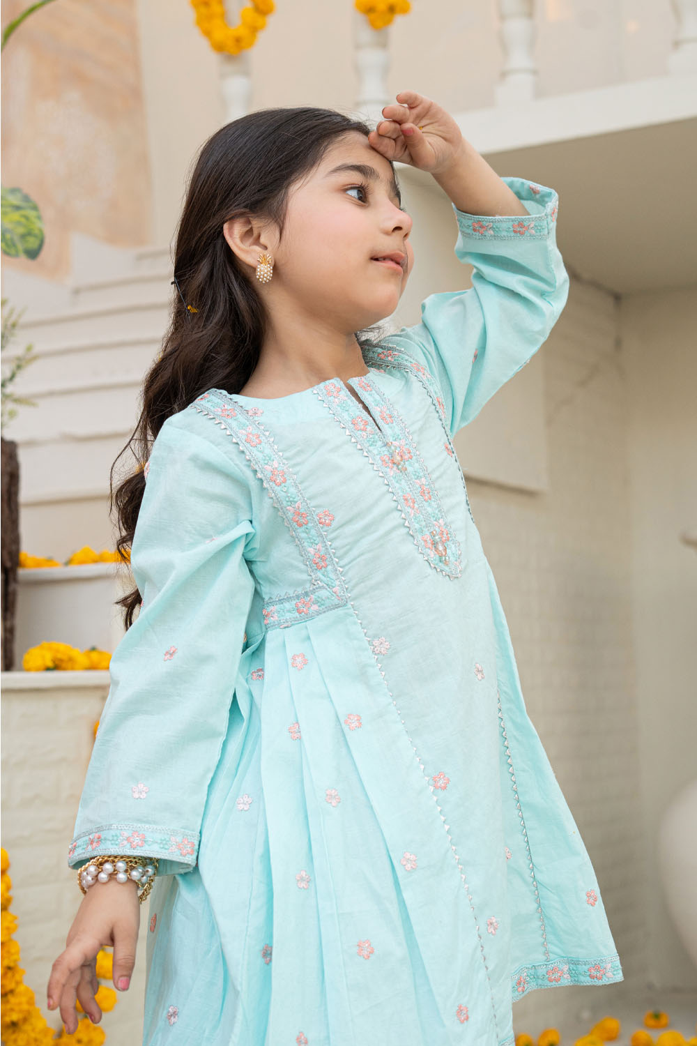 3 Piece Embroidered Cotton Tunic with Gharara for Girls Festive Wear K-MG-016