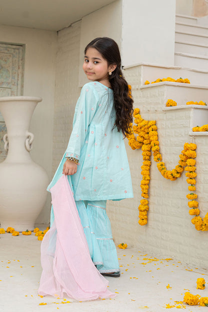3 Piece Embroidered Cotton Tunic with Gharara for Girls Festive Wear K-MG-016