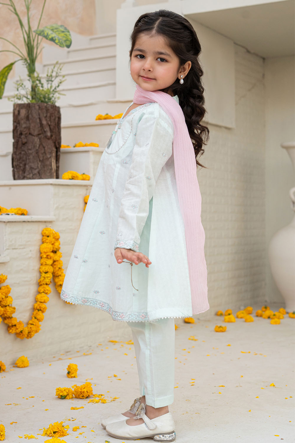 3 Piece Embroidered Cotton Tunic with Trouser for Girls Festive Wear K-MG-017