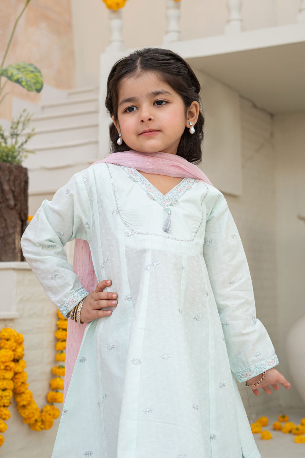 3 Piece Embroidered Cotton Tunic with Trouser for Girls Festive Wear K-MG-017