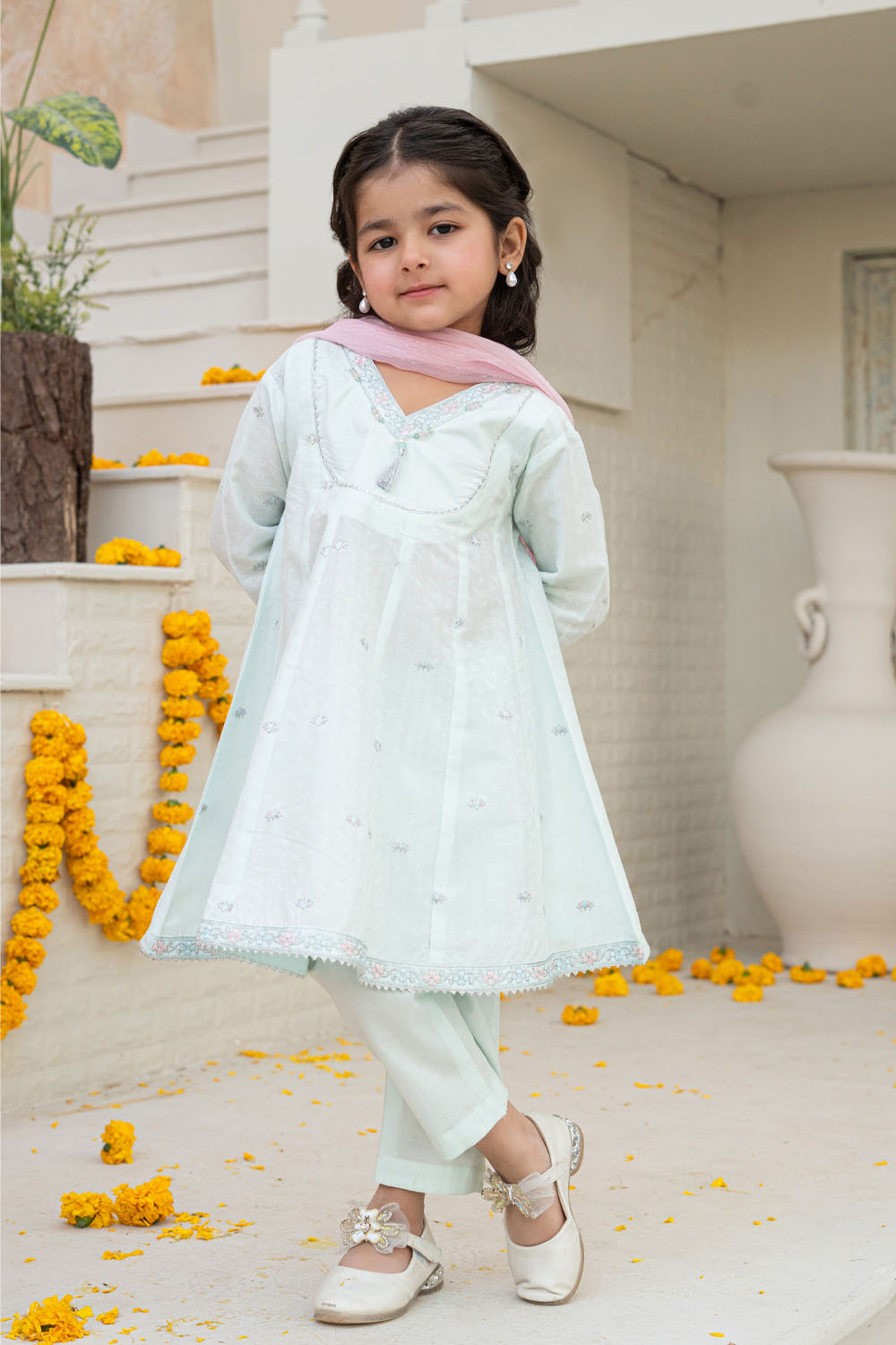 3 Piece Embroidered Cotton Tunic with Trouser for Girls Festive Wear K-MG-017