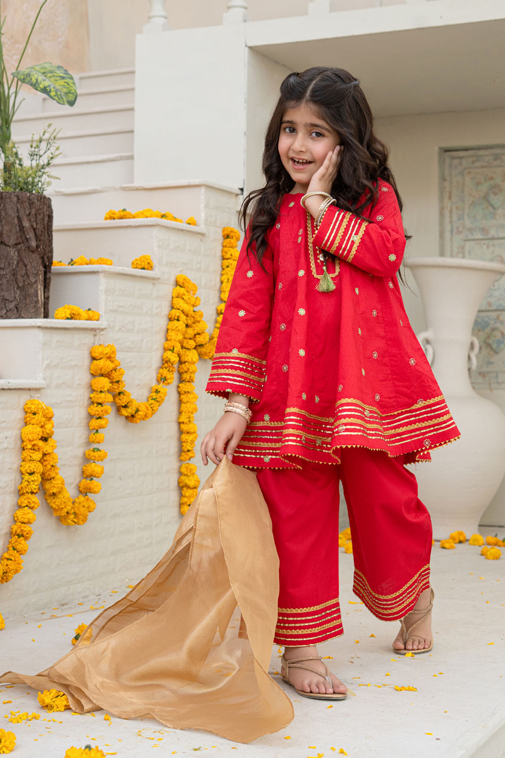 3 Piece Embroidered Cotton Dress Girls Festive Wear K-MG-015