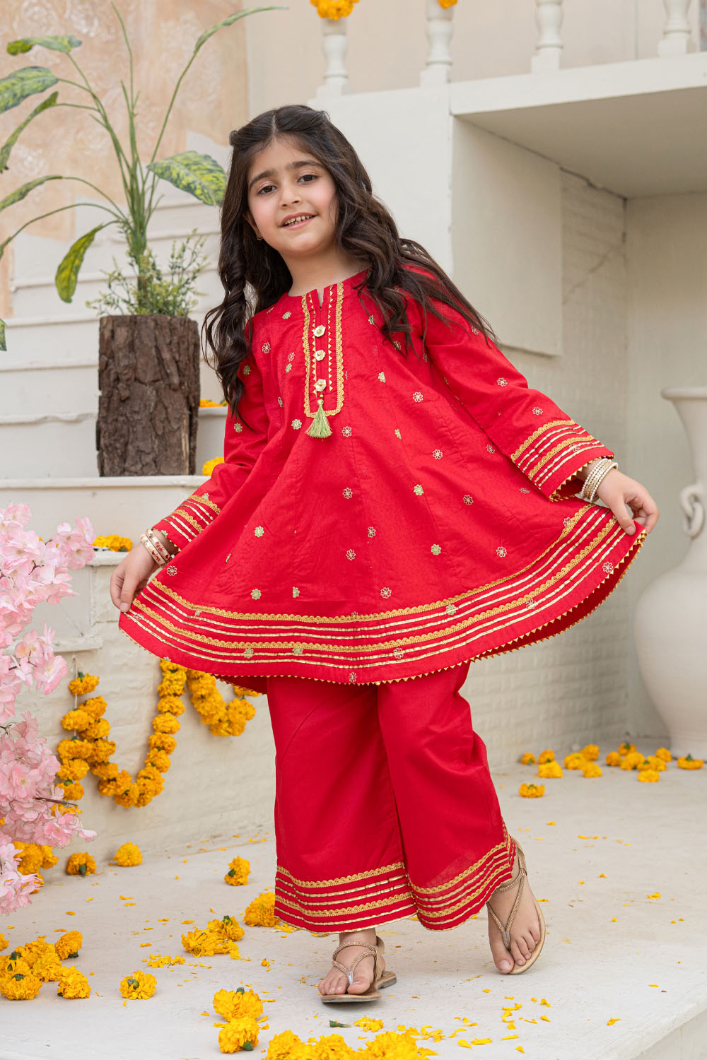 3 Piece Embroidered Cotton Dress Girls Festive Wear K-MG-015