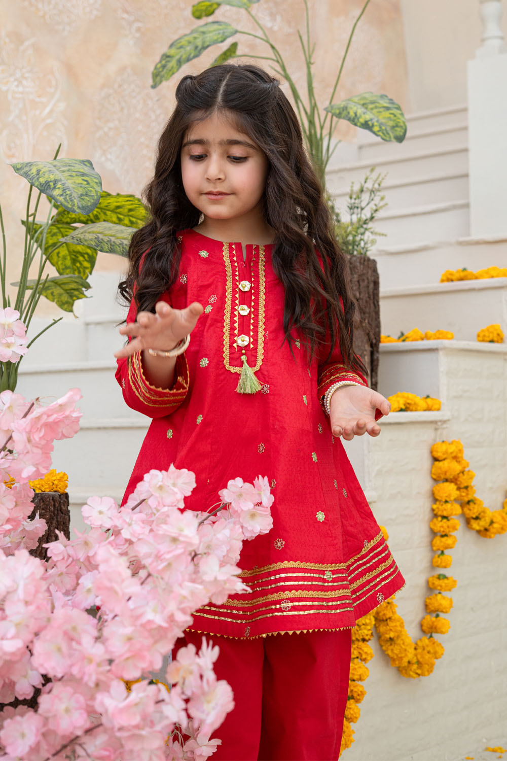 3 Piece Embroidered Cotton Dress Girls Festive Wear K-MG-015