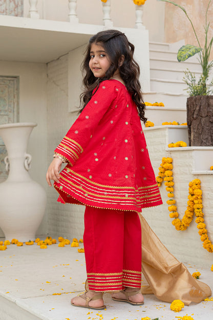 3 Piece Embroidered Cotton Dress Girls Festive Wear K-MG-015