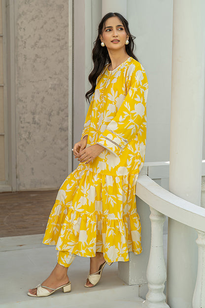 2 Piece Yellow Digital Printed Silk Maxi Elegant Outfit T-FRK-001