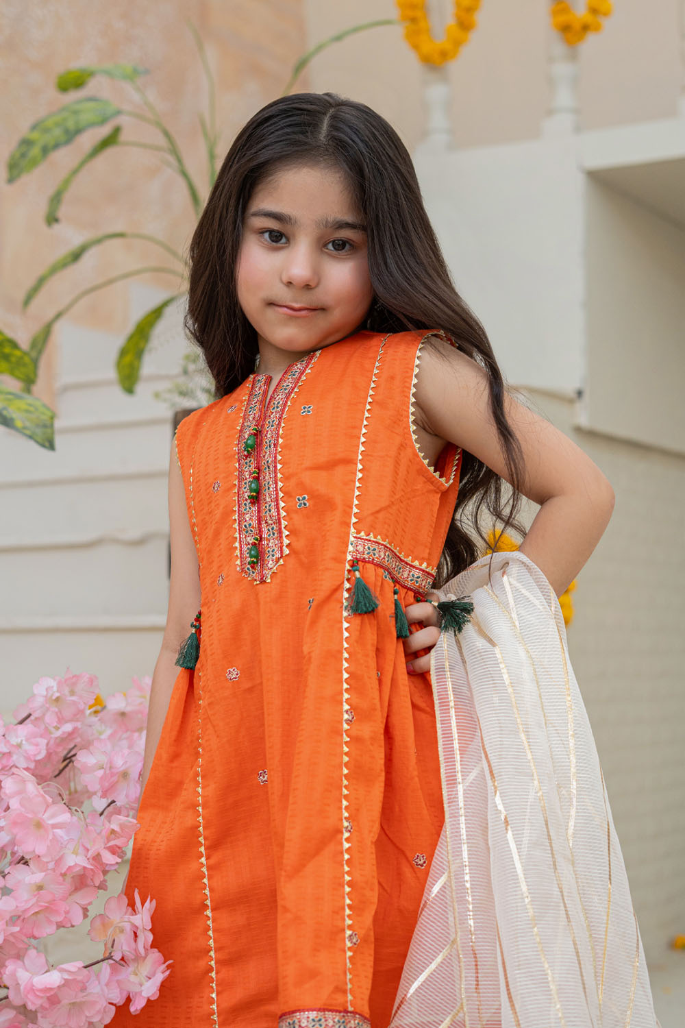 3 Piece Embroidered Cotton Panel Frock with Gharara for Girls Festive Wear K-MG-018
