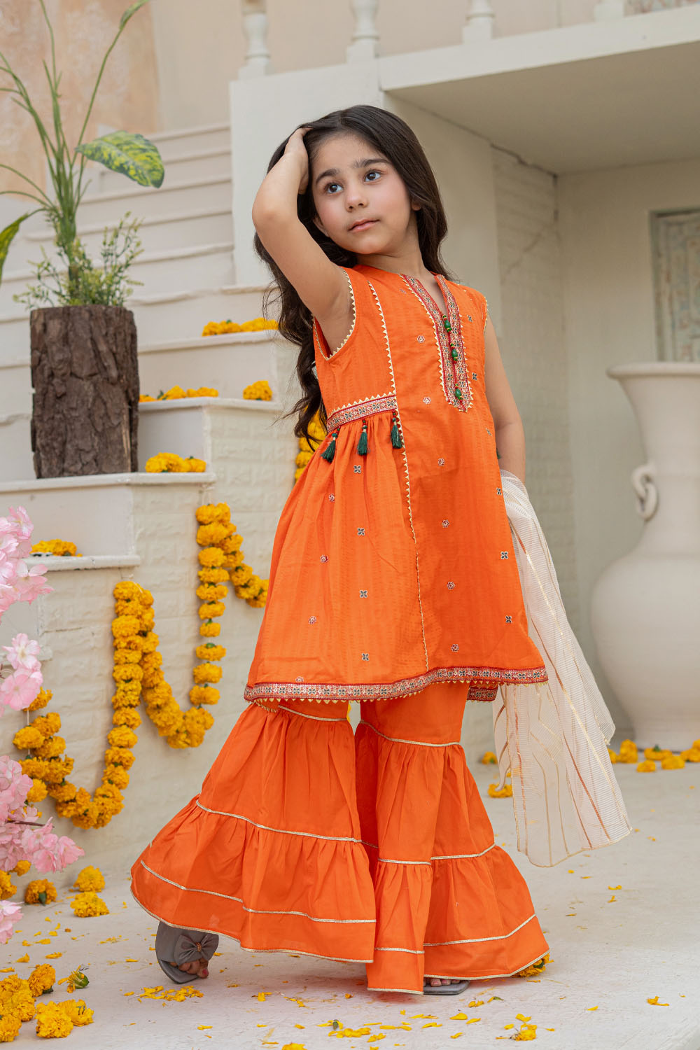 3 Piece Embroidered Cotton Panel Frock with Gharara for Girls Festive Wear K-MG-018