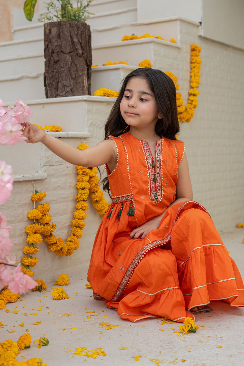 3 Piece Embroidered Cotton Panel Frock with Gharara for Girls Festive Wear K-MG-018