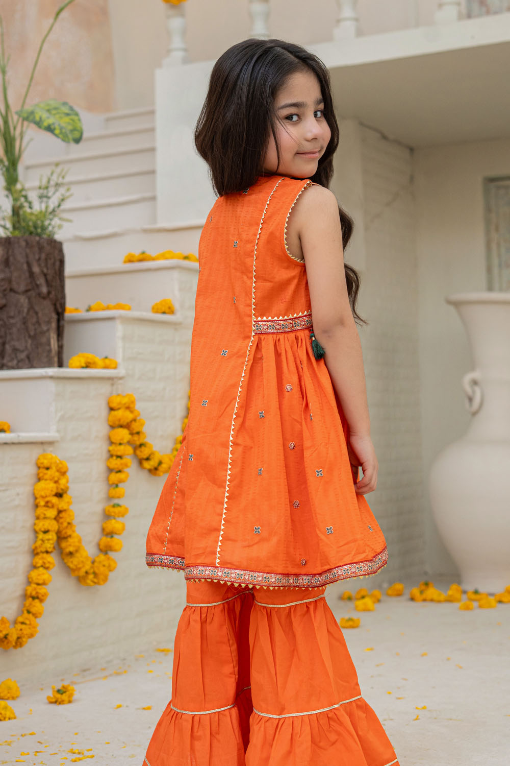 3 Piece Embroidered Cotton Panel Frock with Gharara for Girls Festive Wear K-MG-018