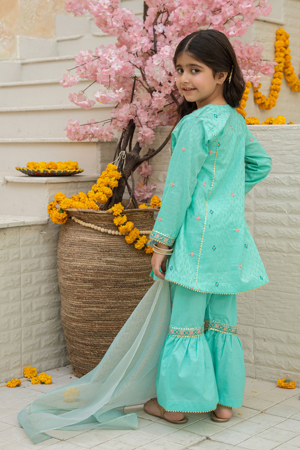 3 Piece Embroidered Cotton Angrakha Tunic with Gharara for Girls Festive Wear K-MG-010