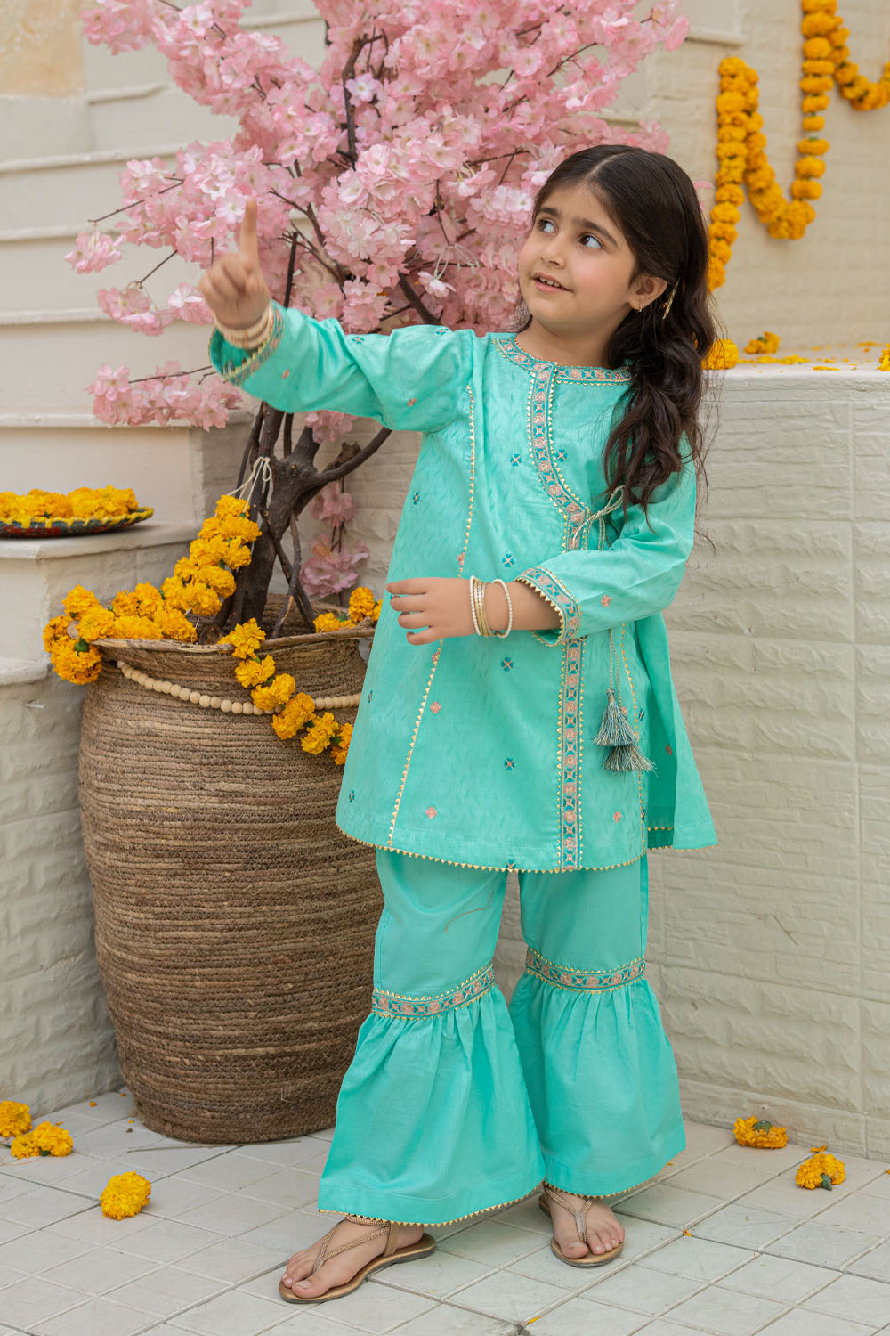 3 Piece Embroidered Cotton Angrakha Tunic with Gharara for Girls Festive Wear K-MG-010