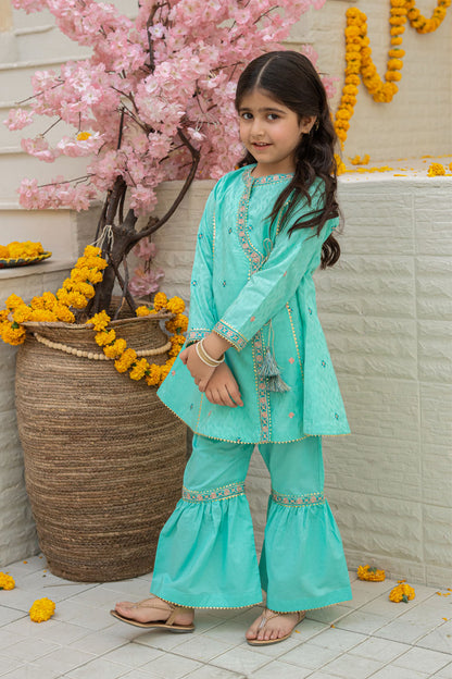 3 Piece Embroidered Cotton Angrakha Tunic with Gharara for Girls Festive Wear K-MG-010