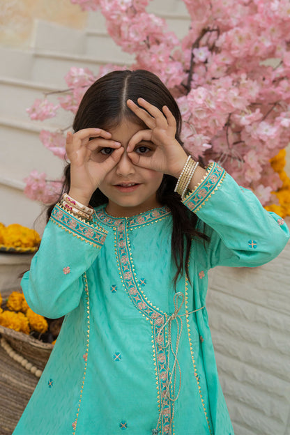 3 Piece Embroidered Cotton Angrakha Tunic with Gharara for Girls Festive Wear K-MG-010