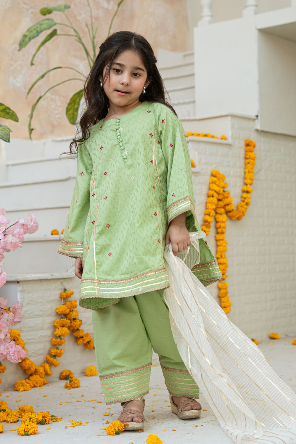 3 Piece Embroidered Cotton Tunic with Panel Shalwar for Girls Festive Wear K-MG-013