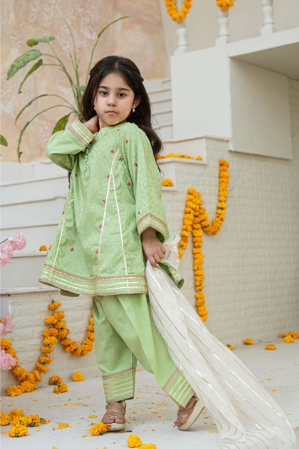 3 Piece Embroidered Cotton Tunic with Panel Shalwar for Girls Festive Wear K-MG-013