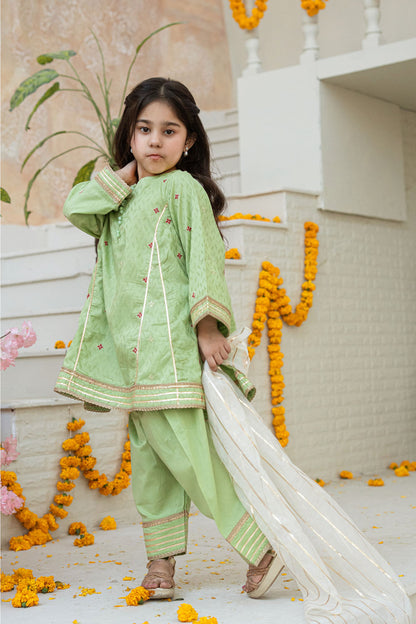 3 Piece Embroidered Cotton Tunic with Panel Shalwar for Girls Festive Wear K-MG-013