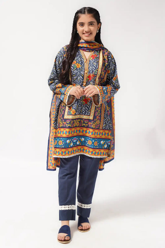 3 Piece Lawn Digital Printed Suit in Dark Blue 3PCS-047